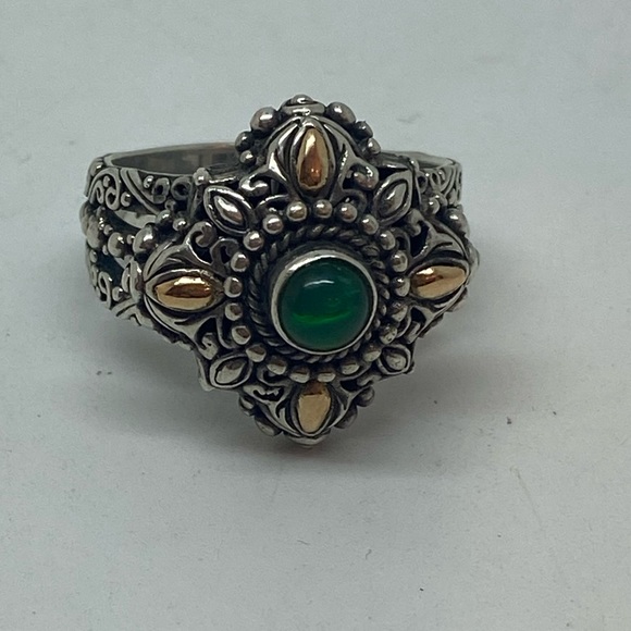 Sarda Sterling Silver & 18K Gold Accent Green Chalcedony Ornate Ring (Size 9) - Picture 2 of 5